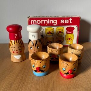 Vintage MCM Morning Set Wooden Egg Cups & Salt Pepper Shakers